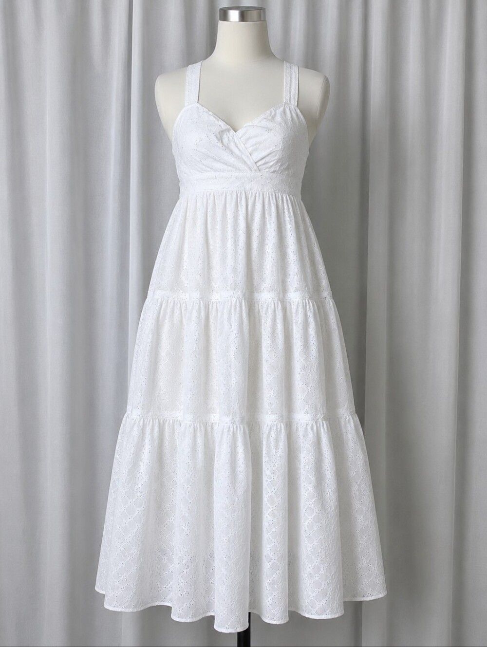 MINKPINK Lola Romantic White Eyelet Empire Waist Tiered Coastal Boho Midi Dress